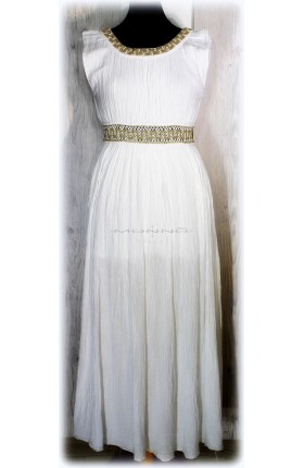 (008) "ΛΗΔΑ" Μάξι Φόρεμα με χρυσό βαμβακερό λάστιχο στη μέση και στην λαιμόκοψη . Μοναδική εφαρμογή!
